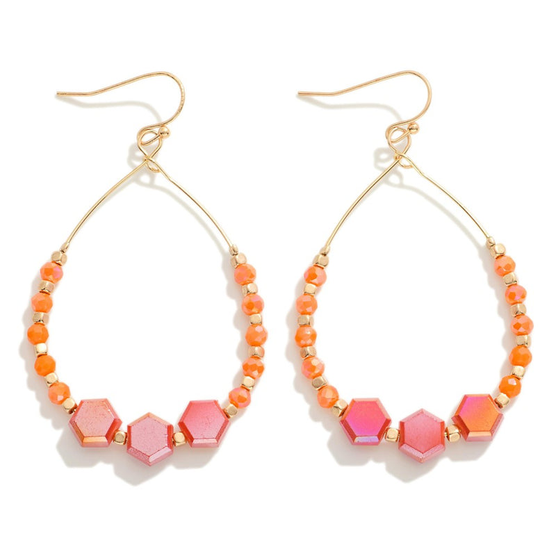 Gold Metal Wire Teardrop Earrings With Faceted Beads in Coral Approximately 2.5" in Length