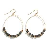 Circular Drop Earrings with Square Bead Detail Black and Gold Color Approximately 2" L