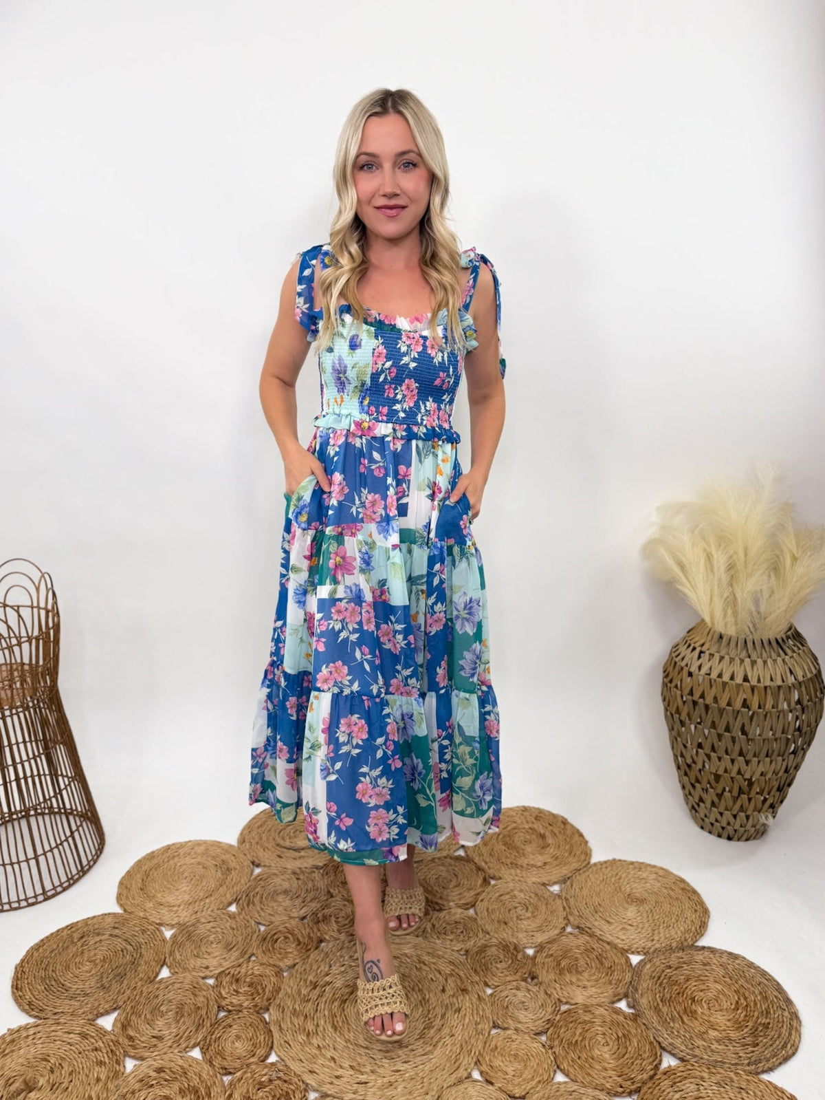 Blue Skies Vintage Floral Smocked Maxi Dress with Pockets | Bmaes Boutique Blue Skies Vintage Floral Smocked Maxi Dress with Pockets | Bmaes Boutique
