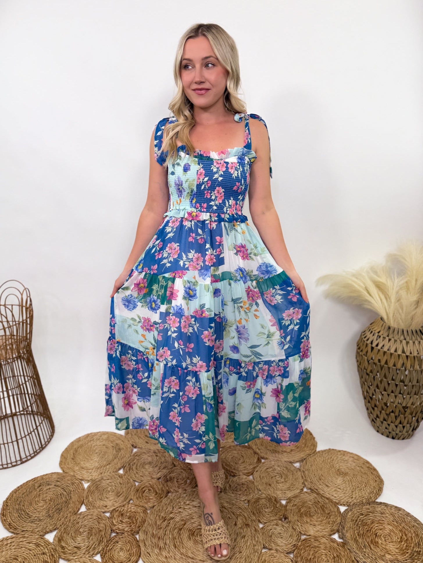 Blue Skies Vintage Floral Smocked Maxi Dress with Pockets | Bmaes Boutique Small