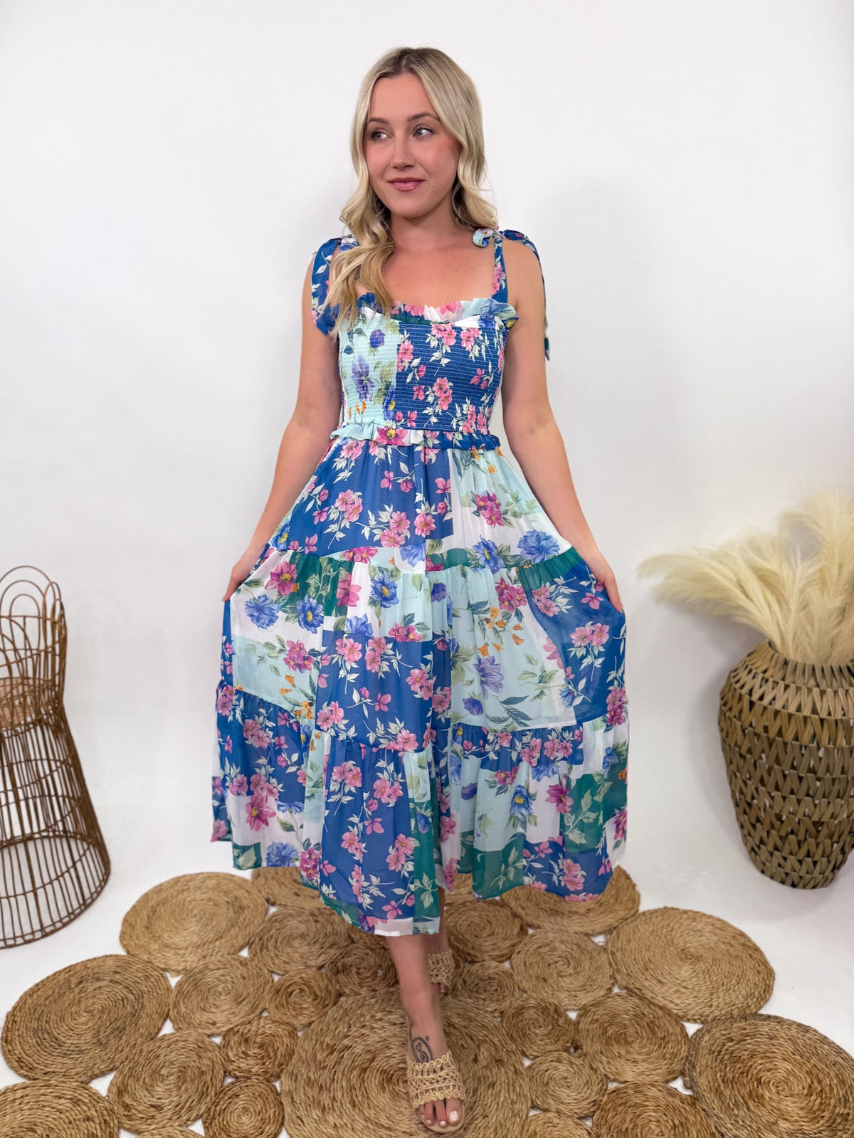 Blue Skies Vintage Floral Smocked Maxi Dress with Pockets | Bmaes Boutique Blue Skies Vintage Floral Smocked Maxi Dress with Pockets | Bmaes Boutique