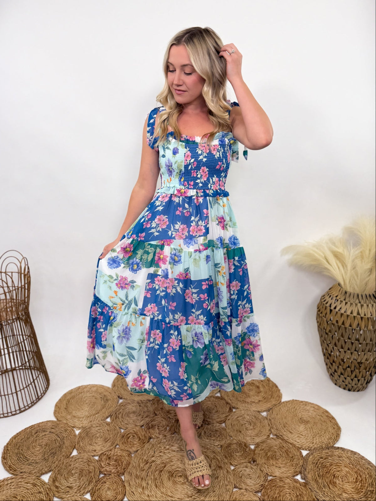 Blue Skies Vintage Floral Smocked Maxi Dress with Pockets | Bmaes Boutique Blue Skies Vintage Floral Smocked Maxi Dress with Pockets | Bmaes Boutique