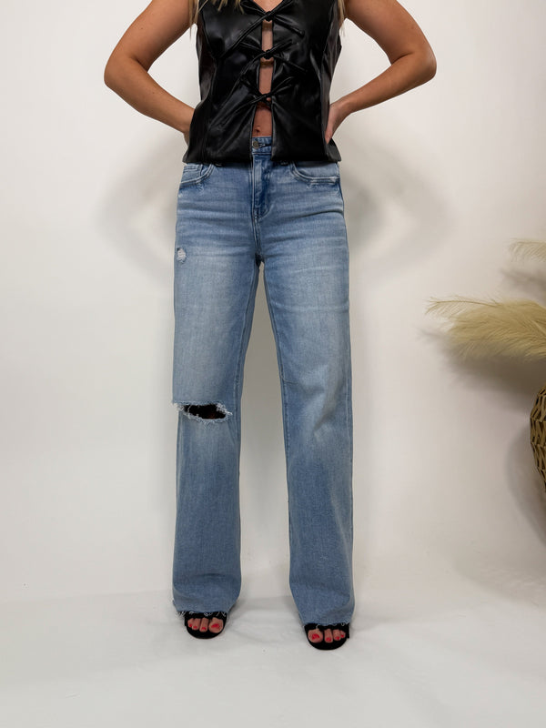 Flying Monkey wide leg comfort stretch distressed jeans with raw hem, customizable length, and casual chic style.