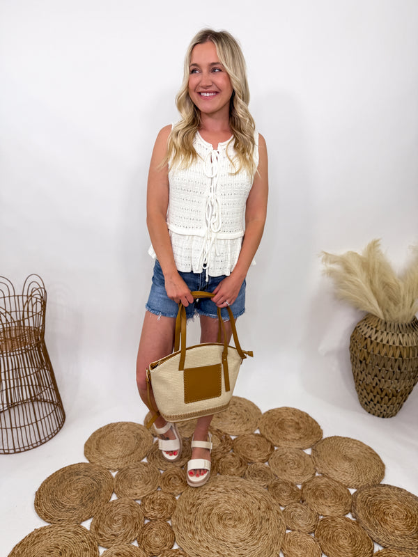 Women's Open Knit Sweater Vest with Front Tie and Ruffled Hem