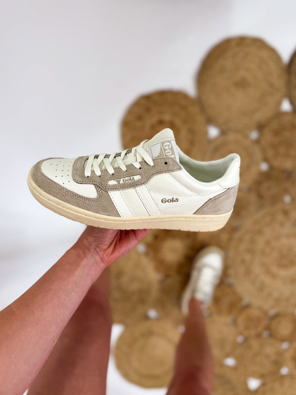 Gola Women's Hawk '89 Sneakers in white, bone, and off-white with taupe suede accents, featuring a retro court-inspired silhouette and premium materials.