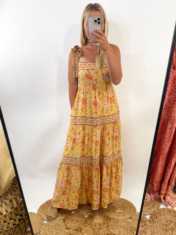 yellow boho maxi dress, tiered, flowy fit with pockets, adjustable straps and stretchy smocked back - family photo dress, wedding guest dress