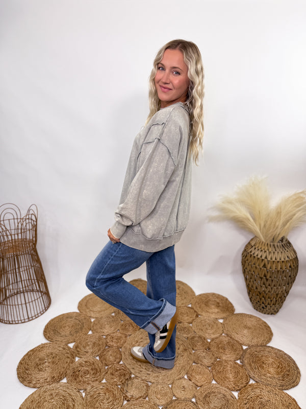 Zenana gray sleet acid washed oversized pullover sweatshirt with exposed seams