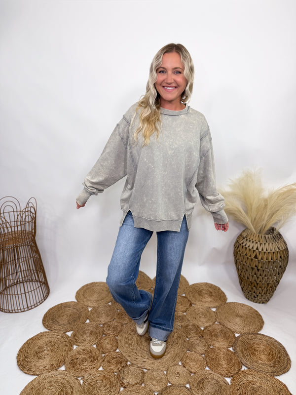 Zenana gray sleet acid washed oversized pullover sweatshirt with exposed seams