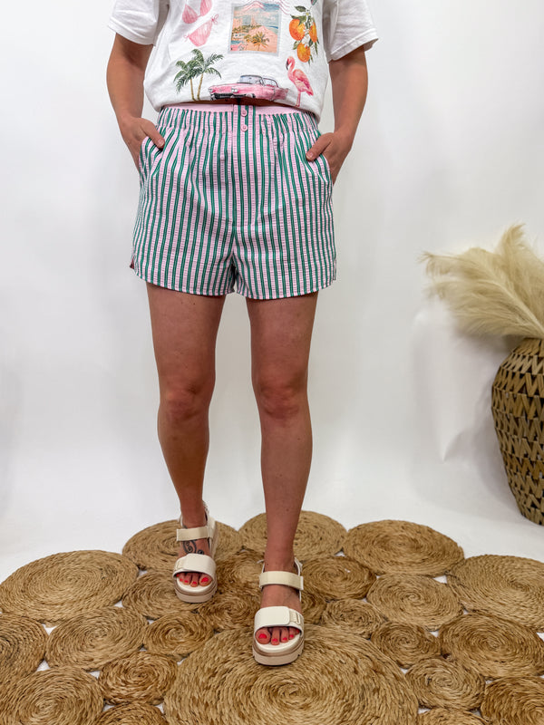 Green and Pink Striped Boxer Shorts for Women – Lightweight Summer Lounge Shorts