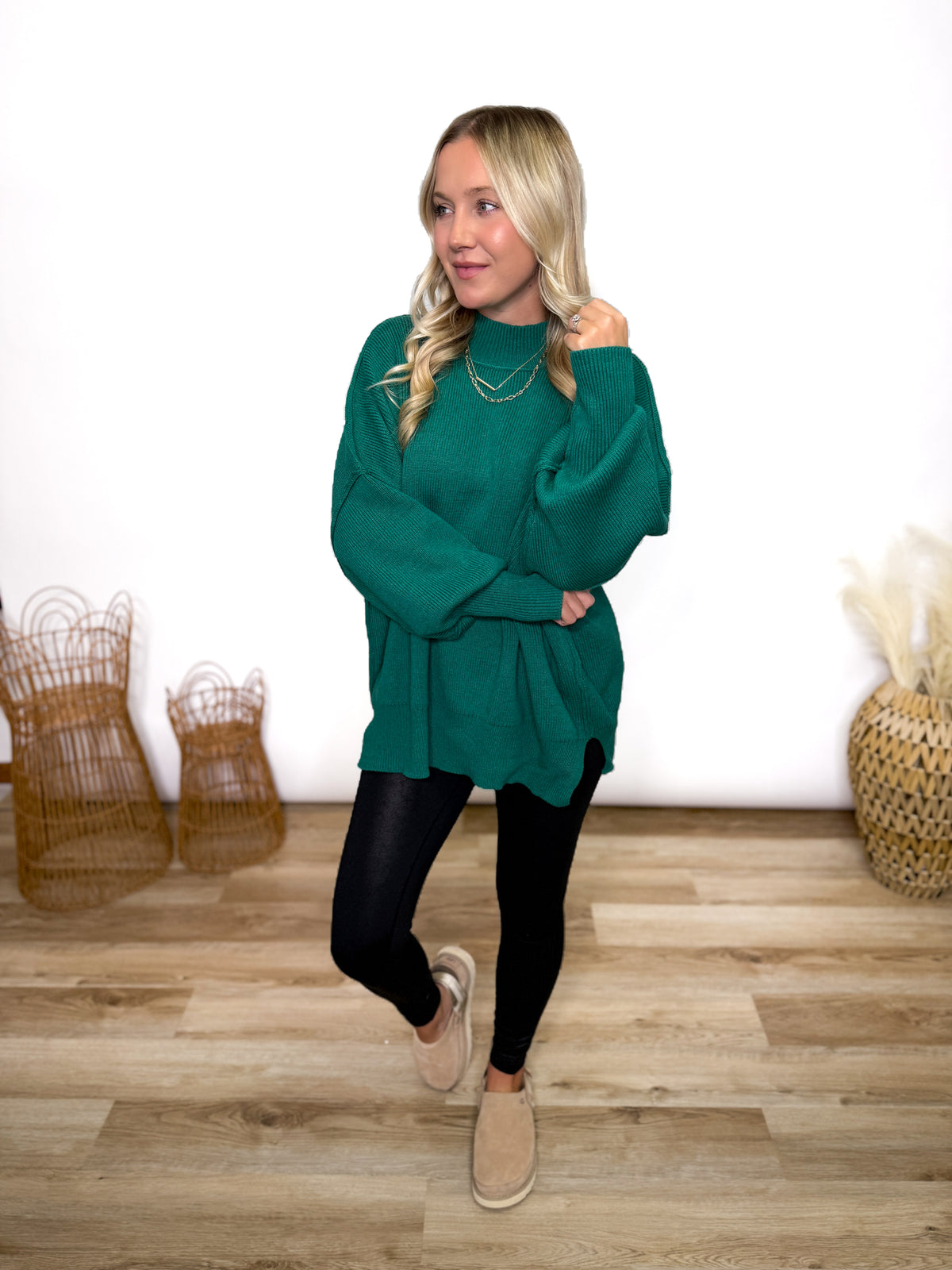 Green Oversized Heavyweight Side Slit Sweater
