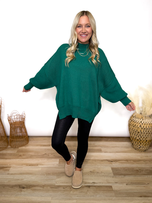 Green Oversized Heavyweight Side Slit Sweater