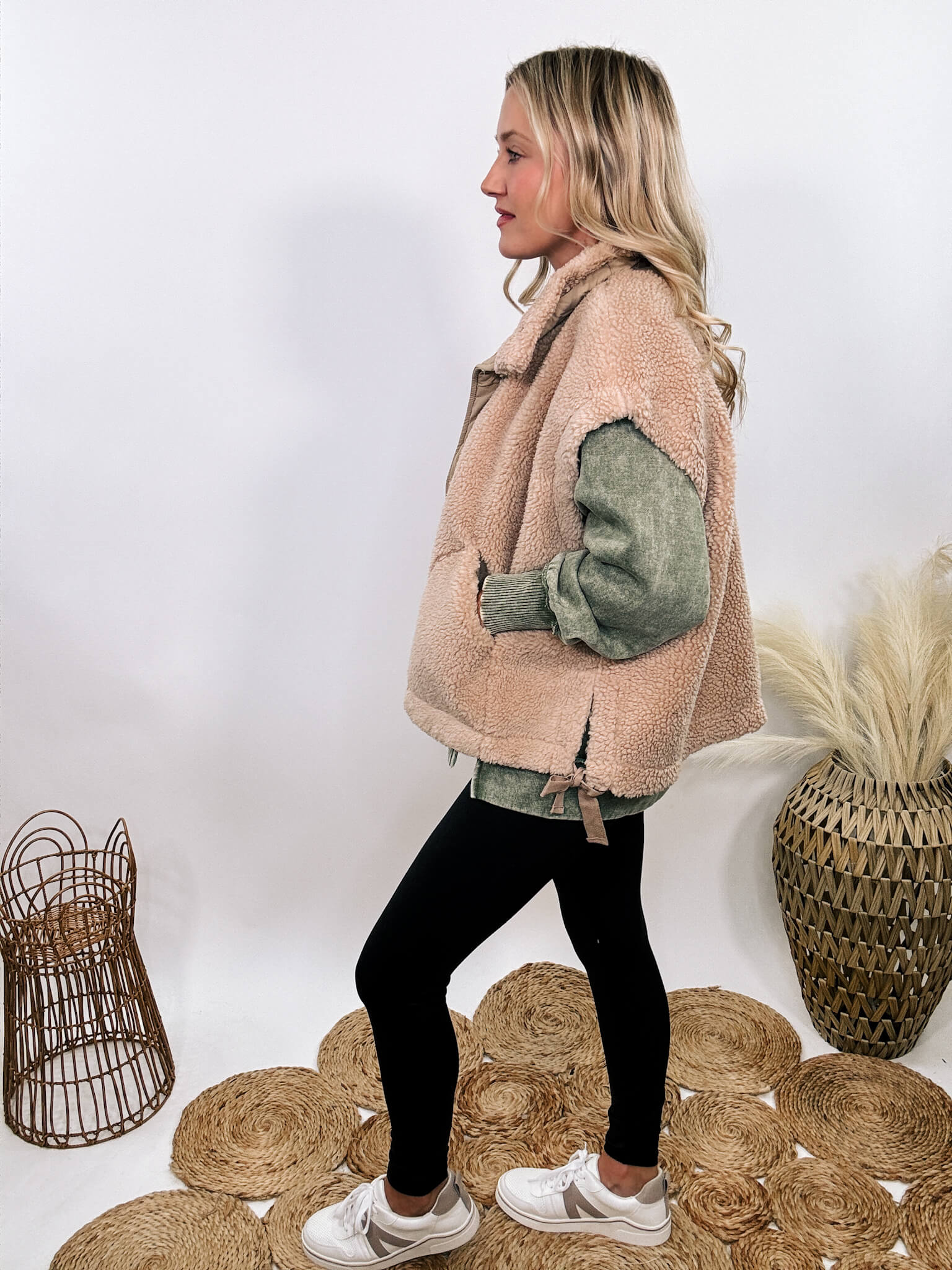 Tan Camel Oversized Sherpa Vest with Side Ties and Button Up Front Bmaes Boutique Bmaes Boutique