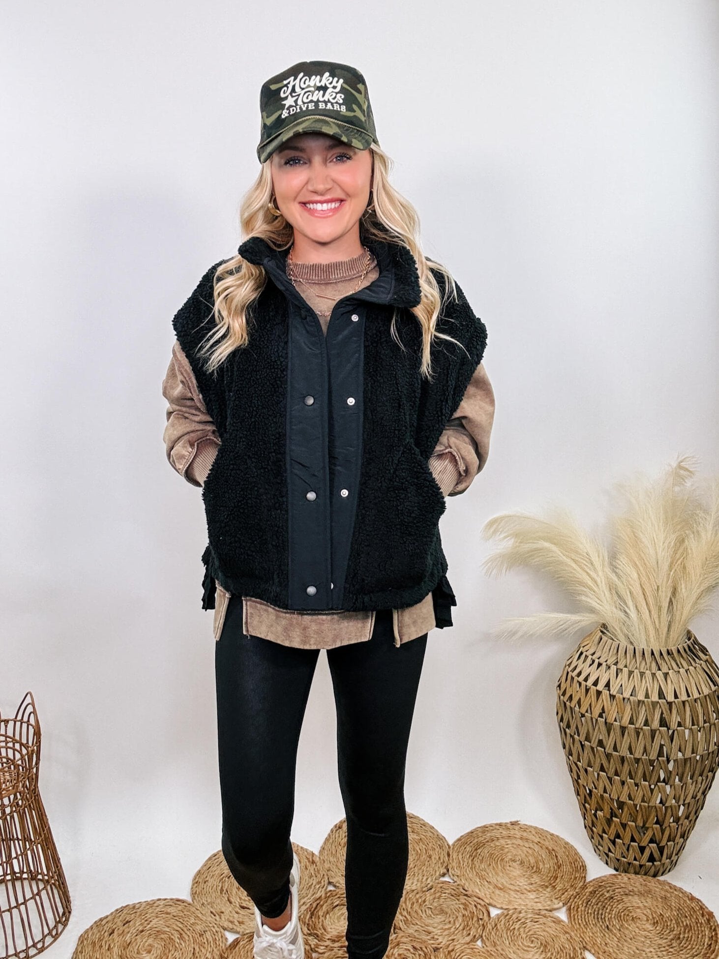 Black Oversized Sherpa Vest with Side Ties and Button Up Front Bmaes Boutique Bmaes Boutique Large