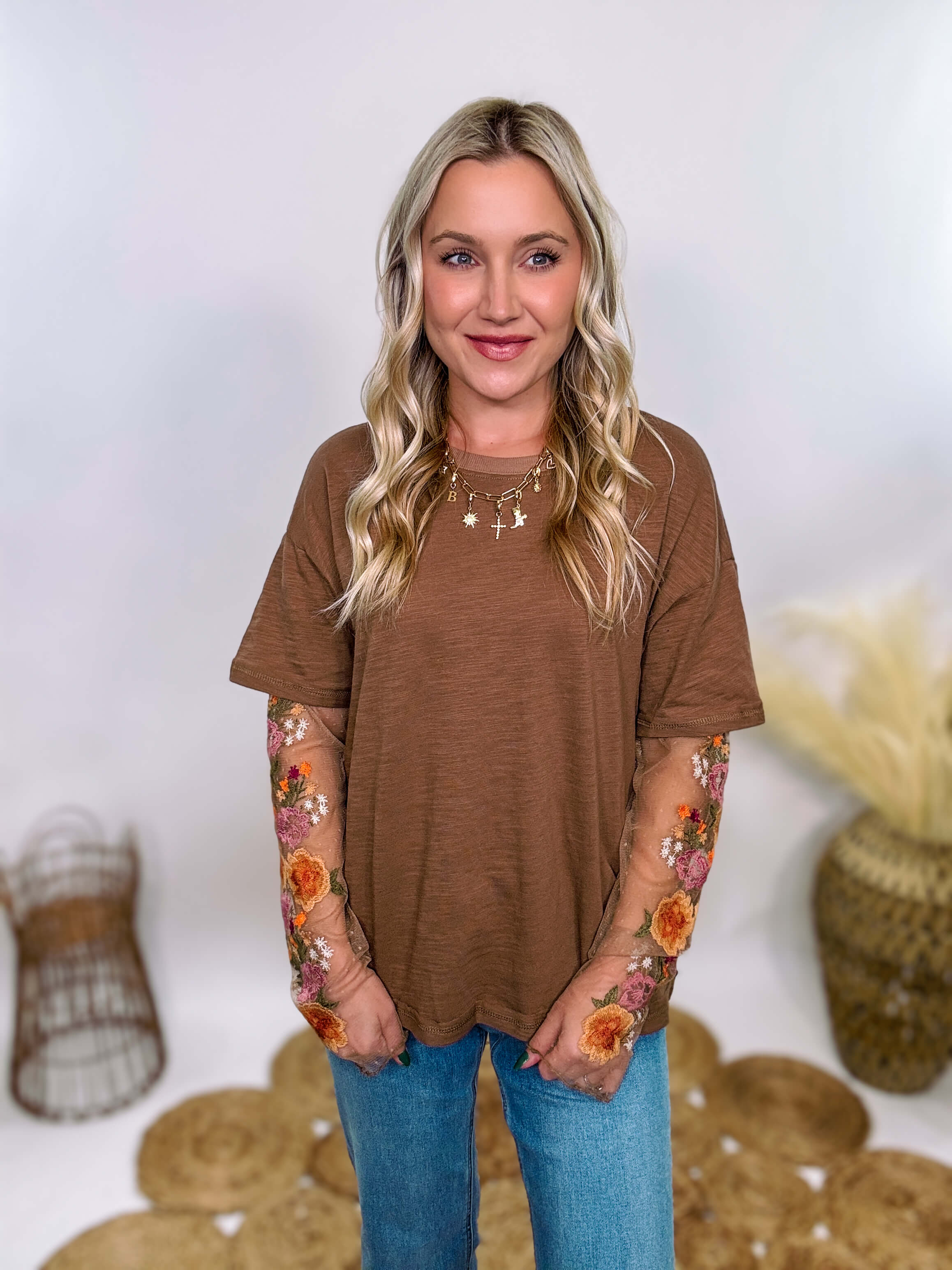 sheer floral embroidered top
