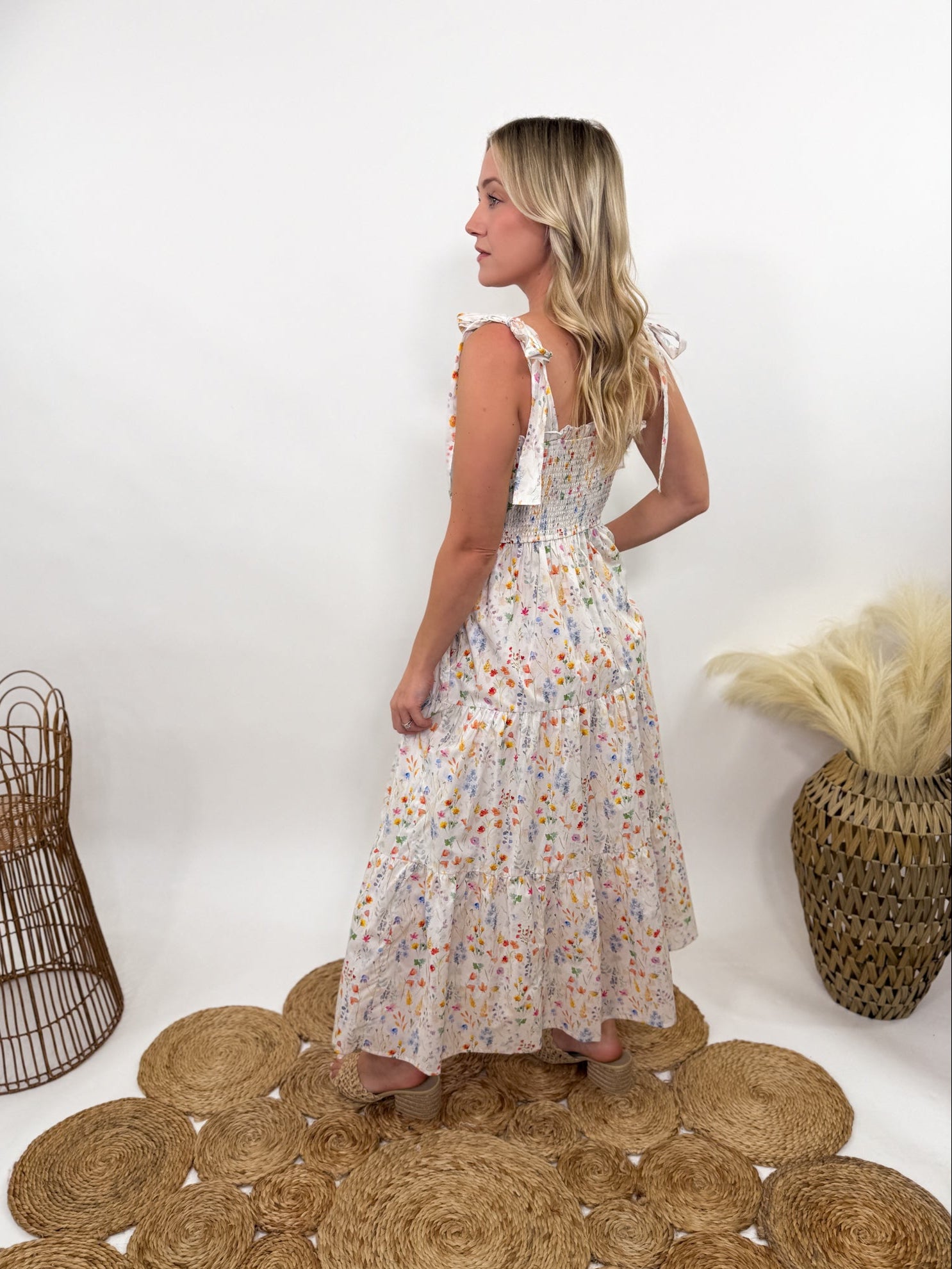 Floral Smocked Tied Straps A-Lined Tiered Dress