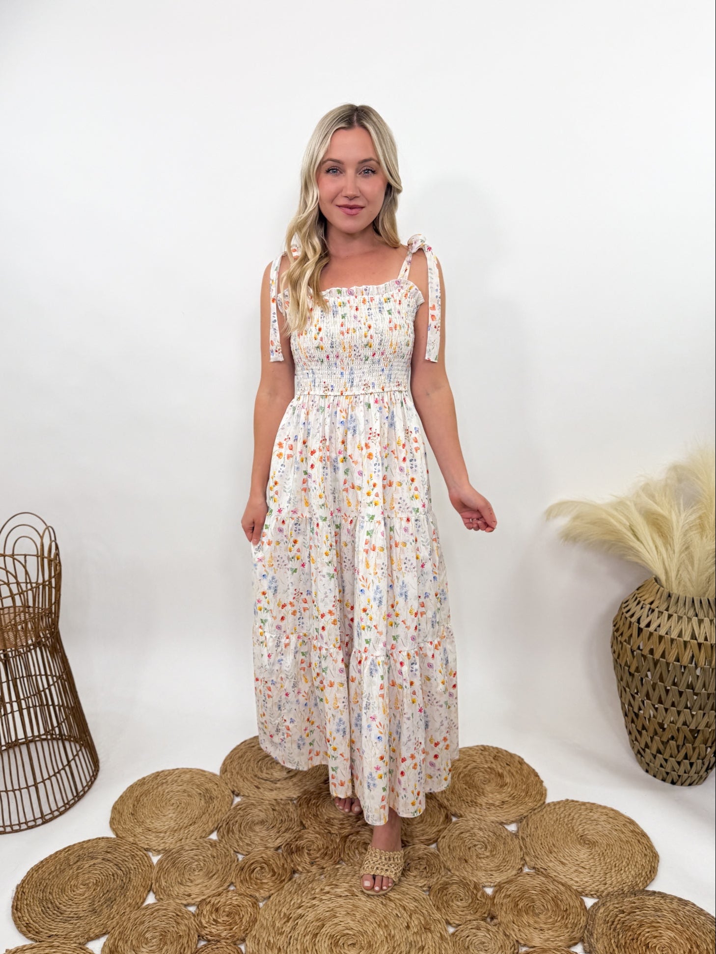 Wildflower Tiered Smocked Maxi Dress with Self Tying Straps | Bmaes Boutique