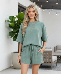 jade green ribbed  two piece matching set - oversized top with stretchy elastic drawstring shorts with pockets