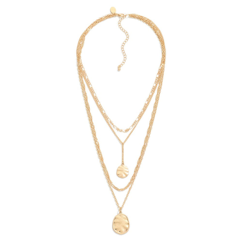 Layered Gold Metal Chain Link Necklace With Hammered Metal Pendants