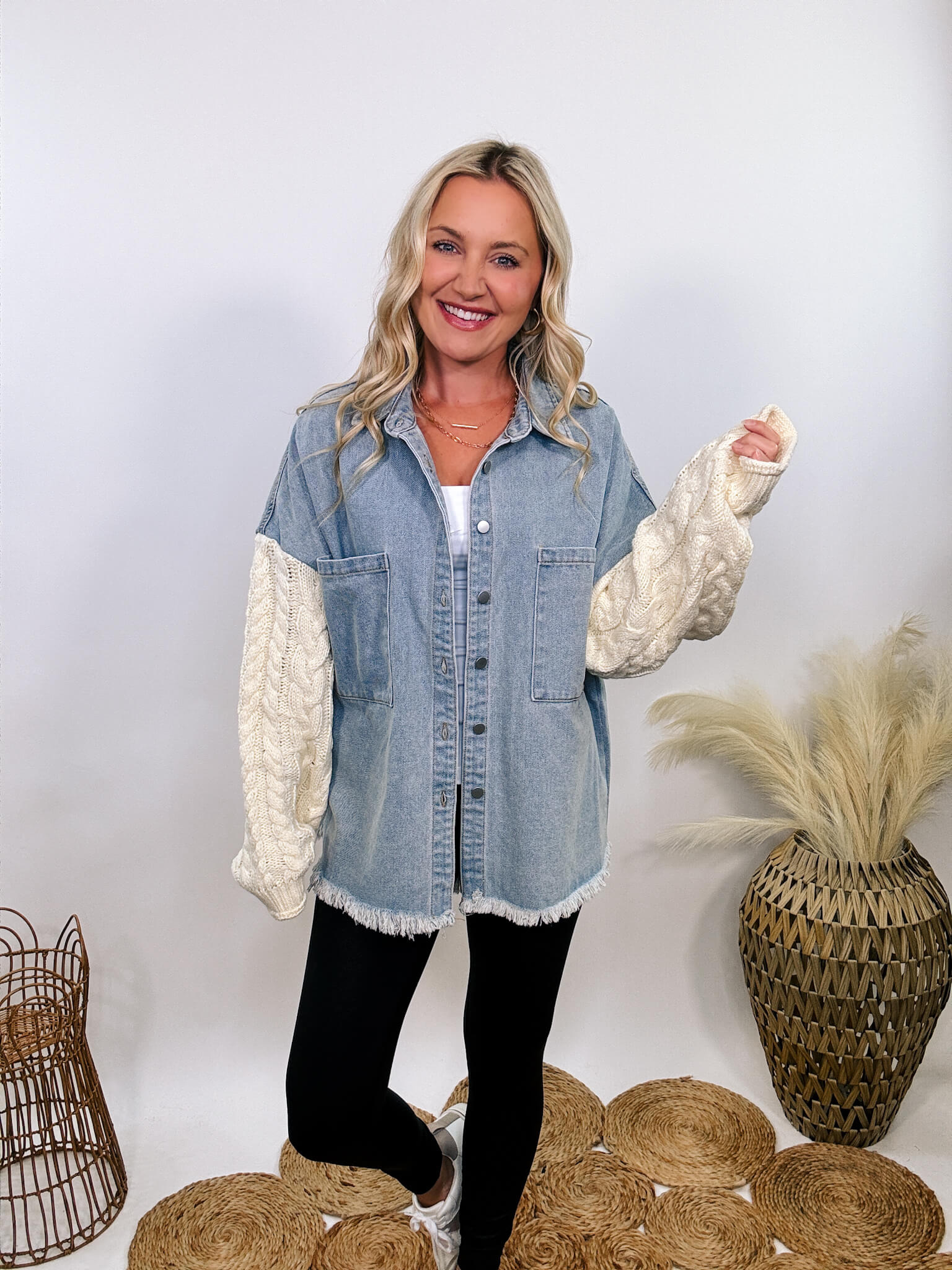 Light Denim Jacket with Cream Sweater Sleeves by POL Bmaes Boutique