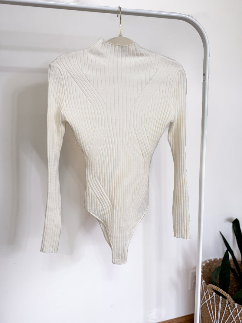 ivory long sleeve mock neck sweater bodysuit - fall and winter 