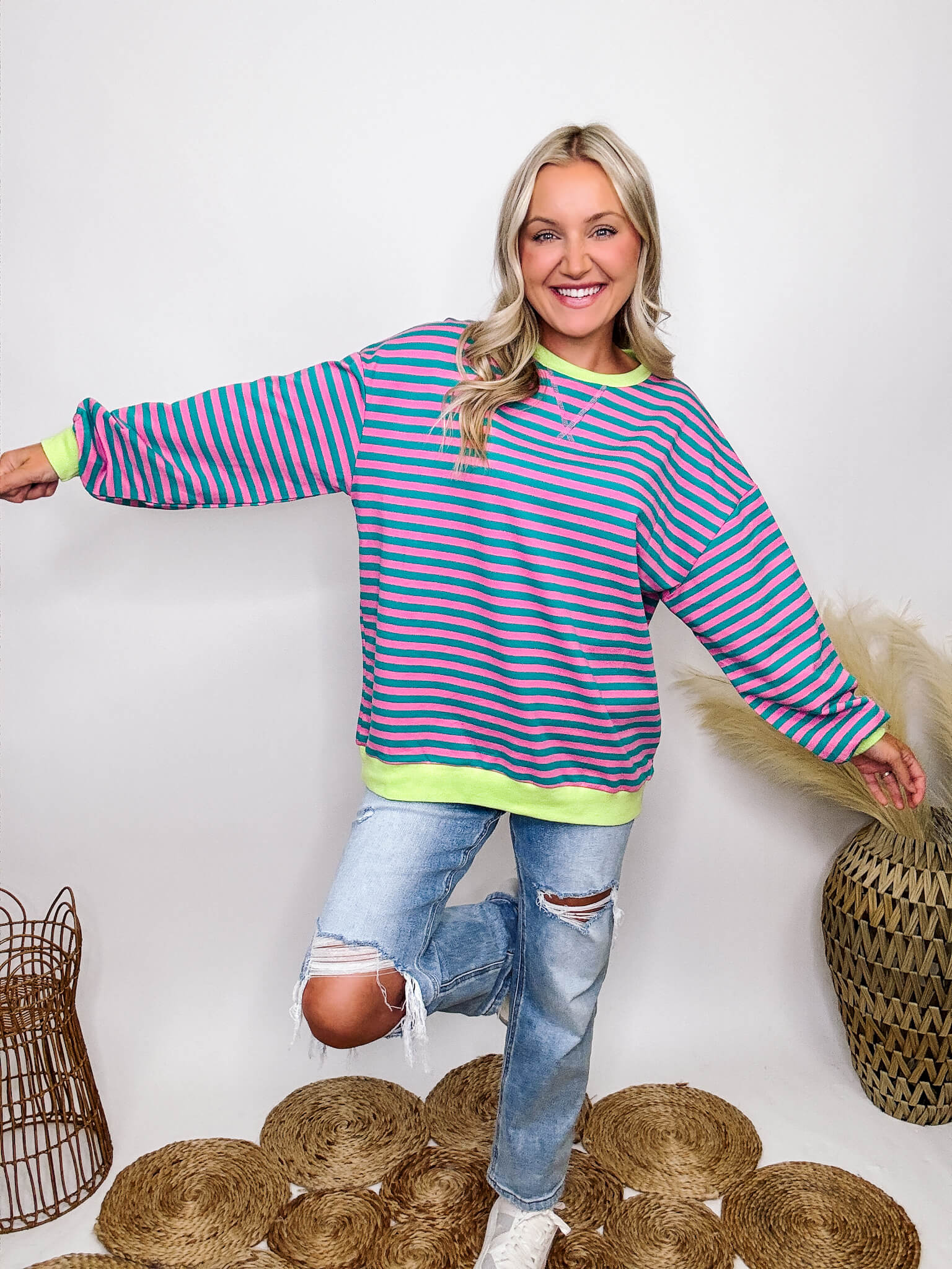 Pink and Green Striped Crewneck Pullover with Neon Hem Relaxed Fit Bmaes Boutique