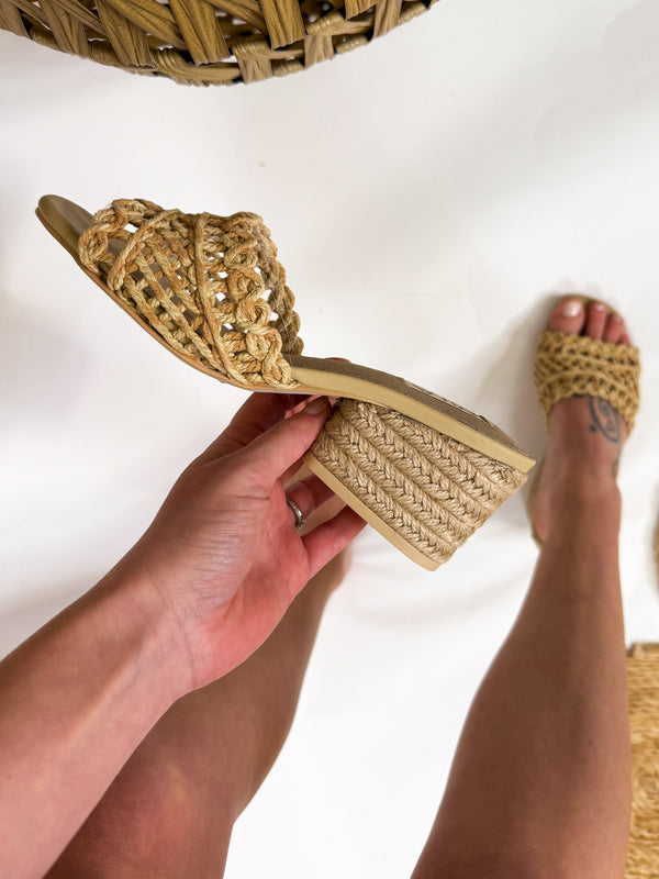 MIA Idella natural crochet and raffia block heel sandal, perfect for vacation, boho summer outfits, and effortless chic style.