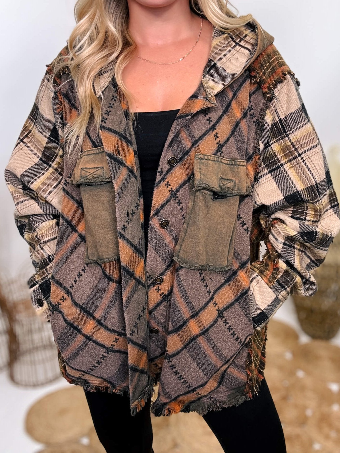 Mineral Washed Mixed Plaid Flannel Hoodie Jacket by Oli Hali Bmaes Boutique