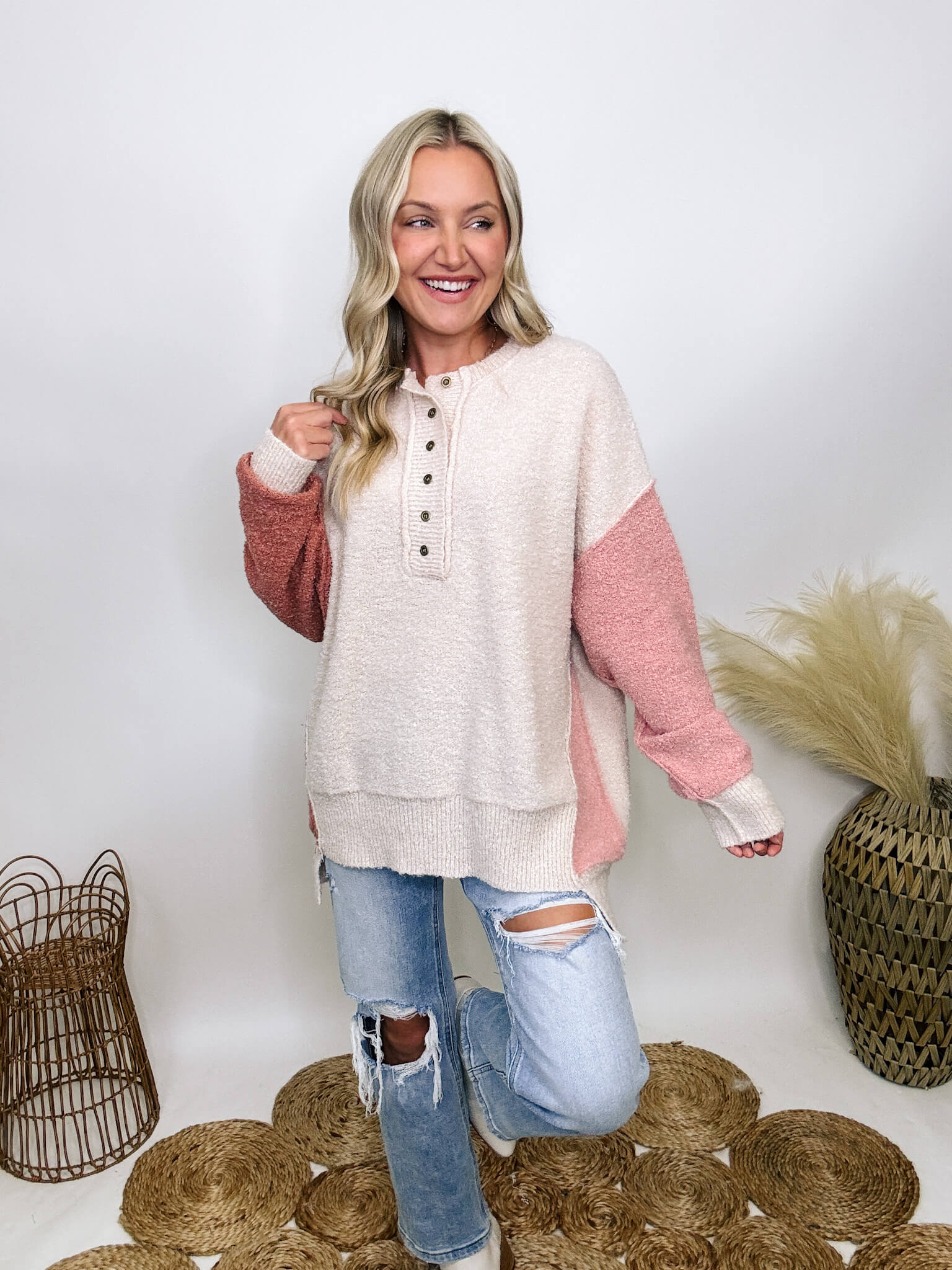 Blush Mauve and Oatmeal Colorblock Button Down Oversized Sweater by Peach Love CA Bmaes Boutique