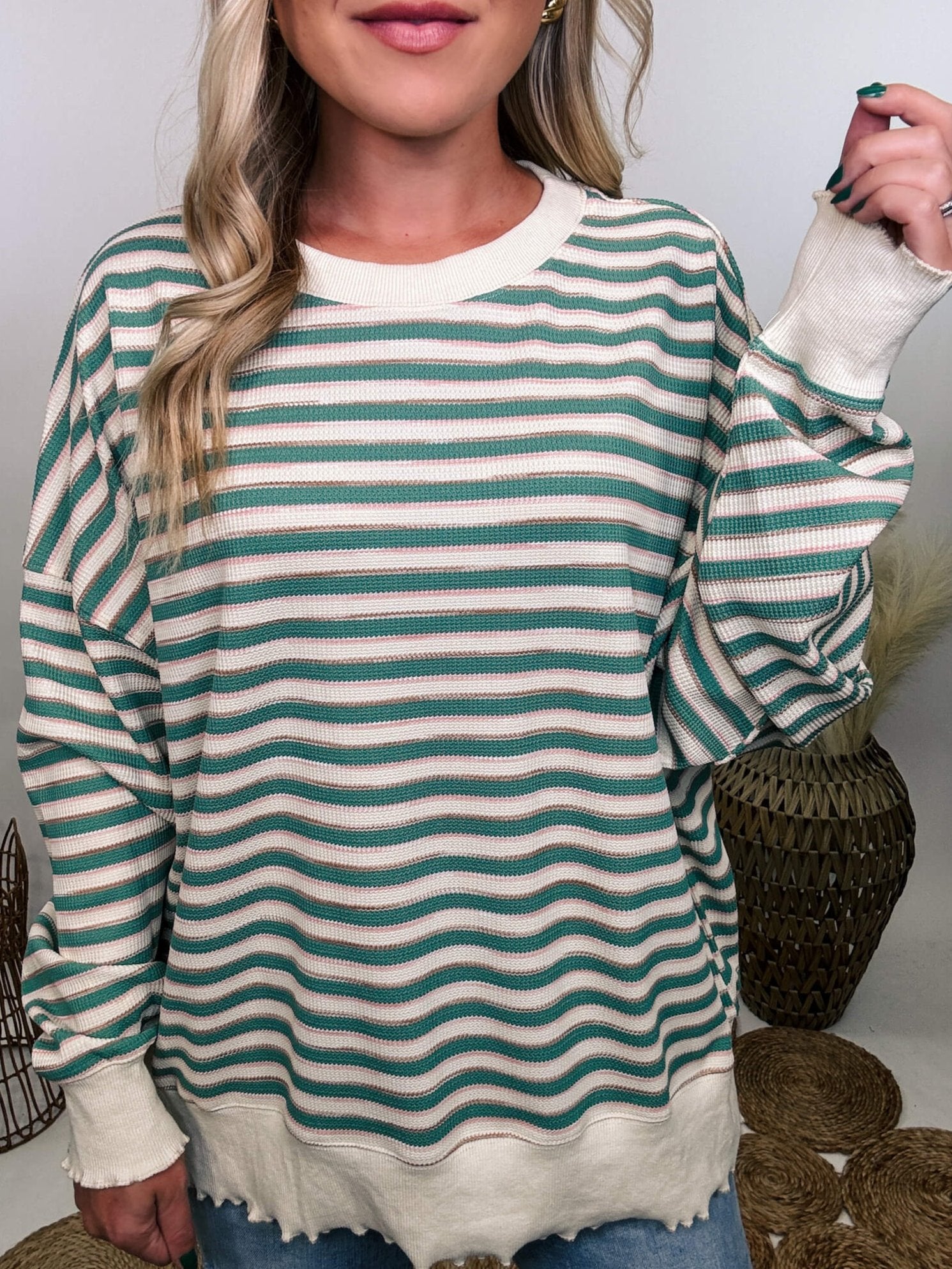 Peach Love CA Sage Striped Thermal Oversized Long Sleeve Pullover Cozy Fall Essential Bmaes Boutique