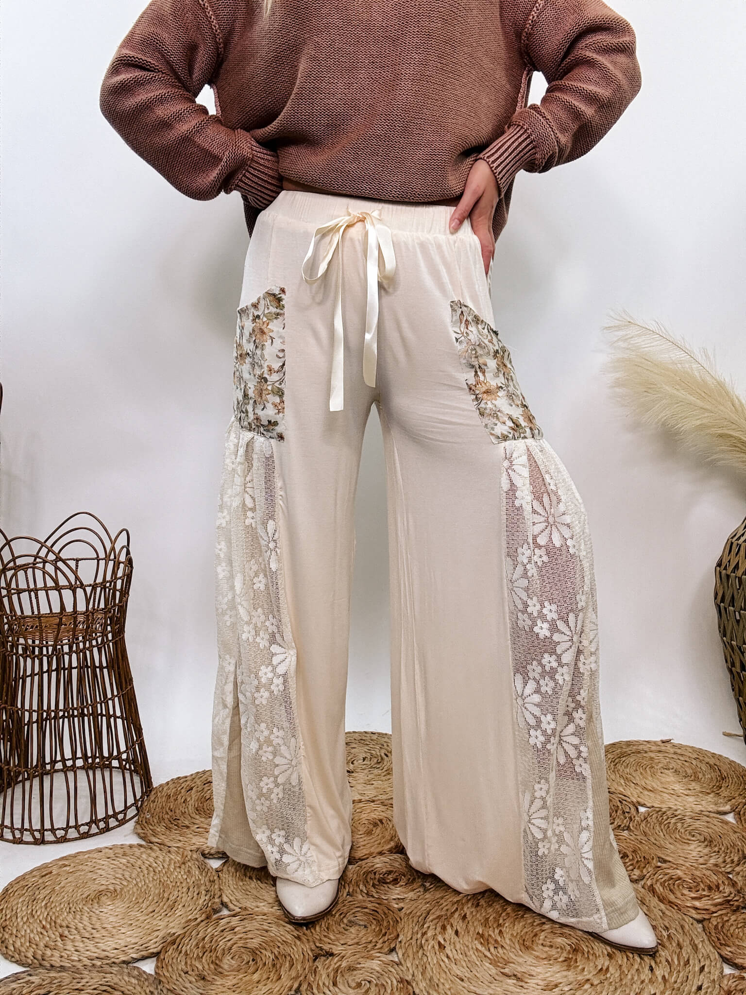 Boho Lace and Floral Wide Leg Pants by Pol Bmaes Boutique Large