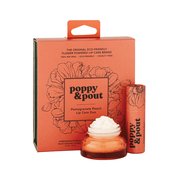 Poppy & Pout Lip Care Duo Gift Set featuring Pomegranate Peach lip scrub and lip balm in eco-friendly packaging.
