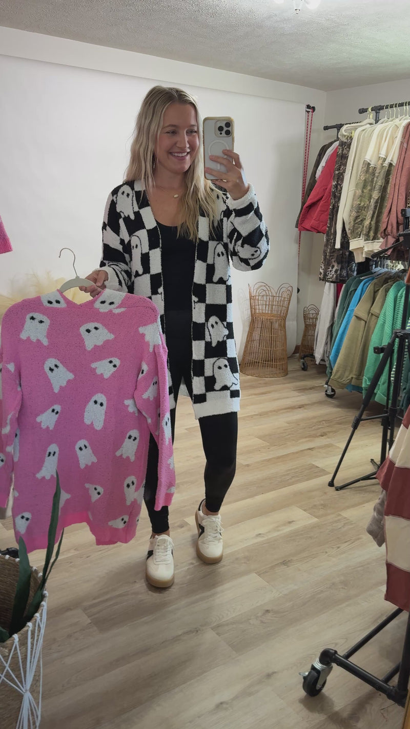 Black and White Checker Print Ghost Halloween Cardigan