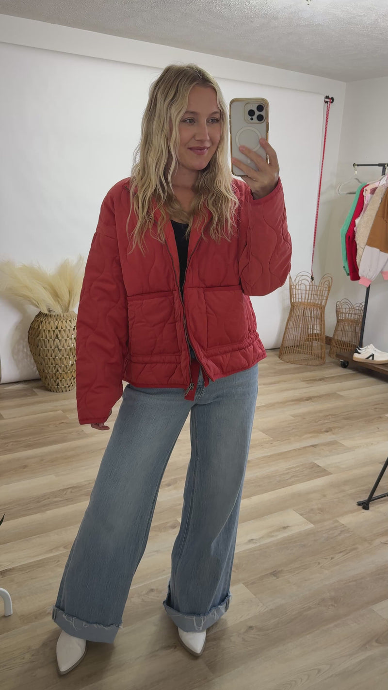 Pale Red Quilted Zip Up Jacket