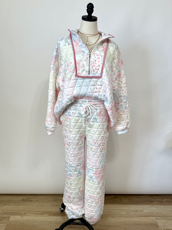 quilted floral patchwork jogger pants with elastic stretchy drawstring waist and side pockets. Part of matching set. Spring lounge set.
