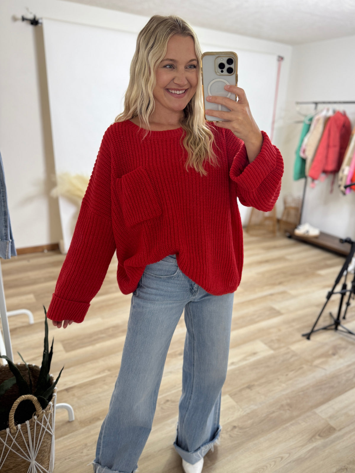 red oversized cuffed pocket sweater. Fall and winter outfit. 