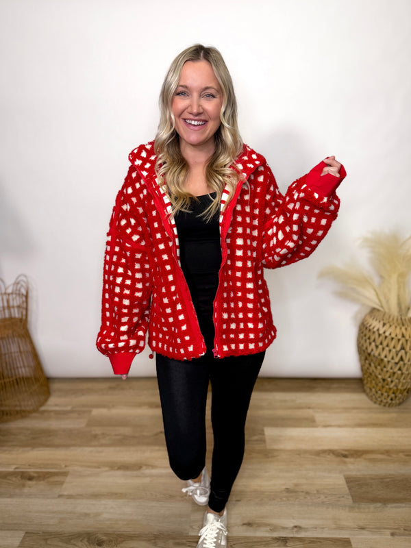 red checker print fleece zip up jacket