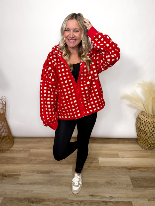 red checker print fleece zip up jacket