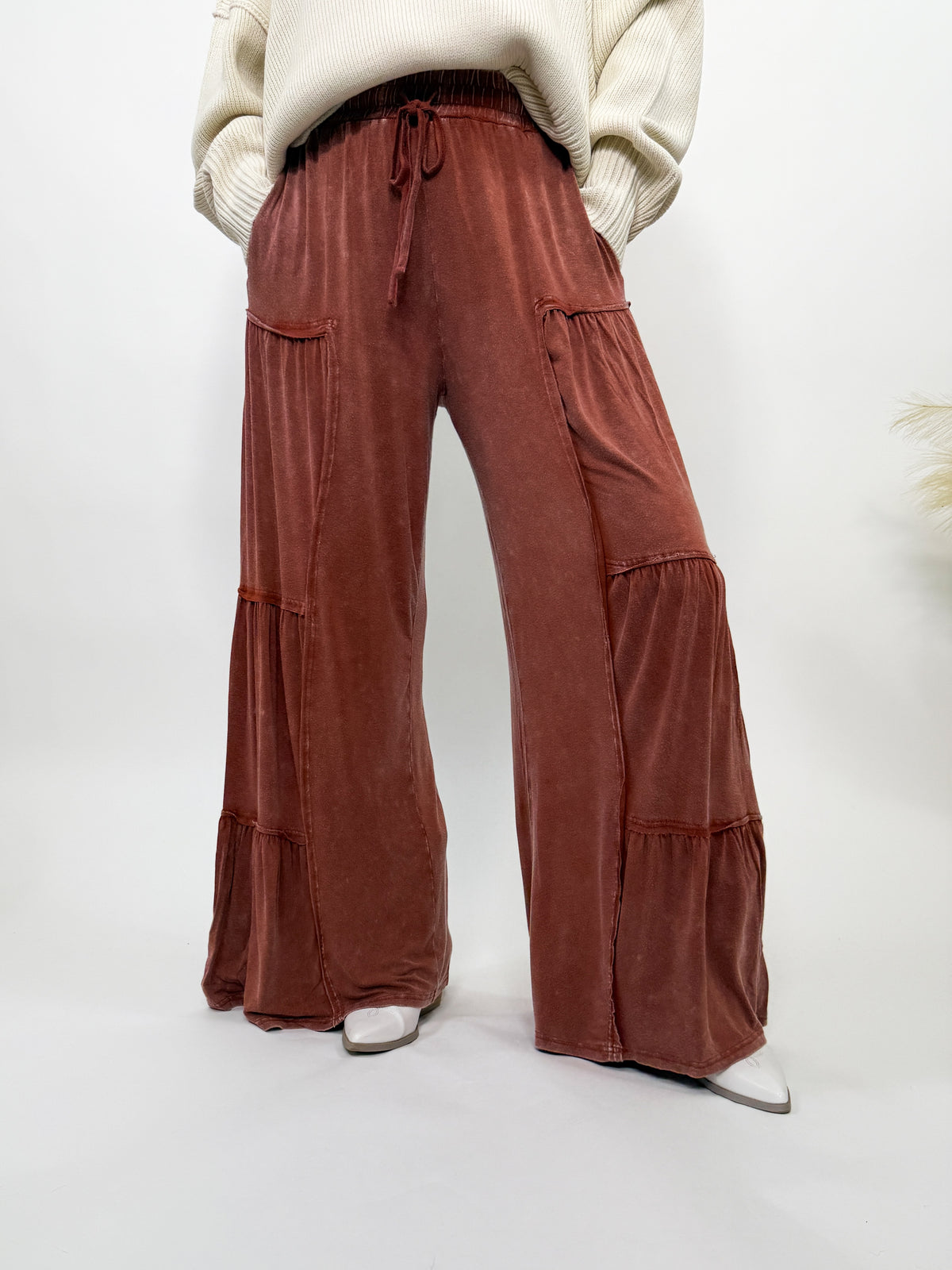 Rusty Brick Acid Washed Tiered Flared Wide Leg Boho Pants – Bmaes