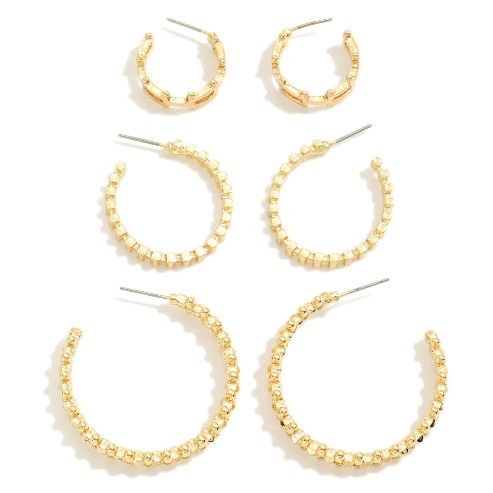 Set of Three Geometric Gold Tone Metal Hoop Earrings