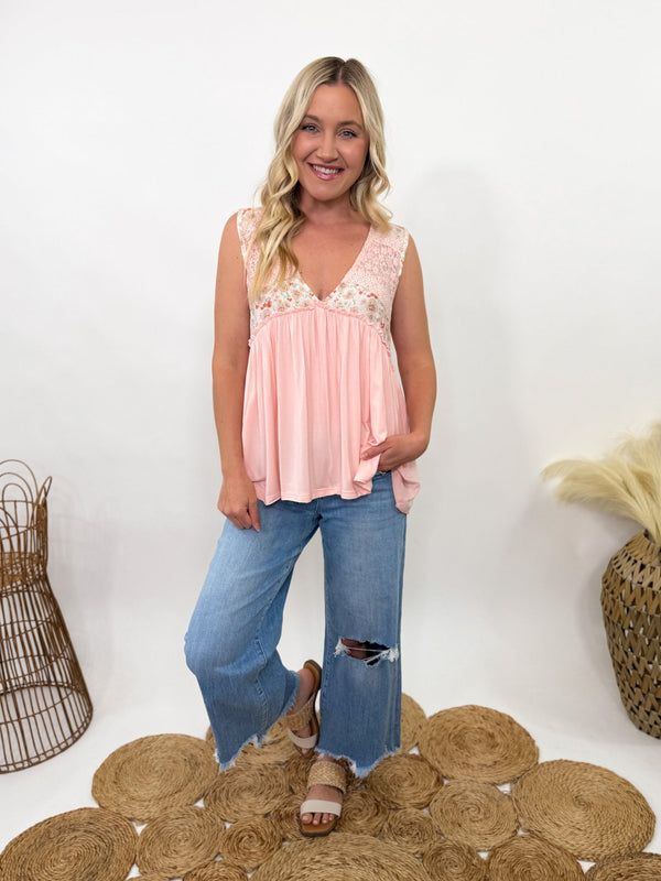 Soft pink V-neck tank top with floral lace trim, sleeveless A-line jersey tank by POL for spring and summer.