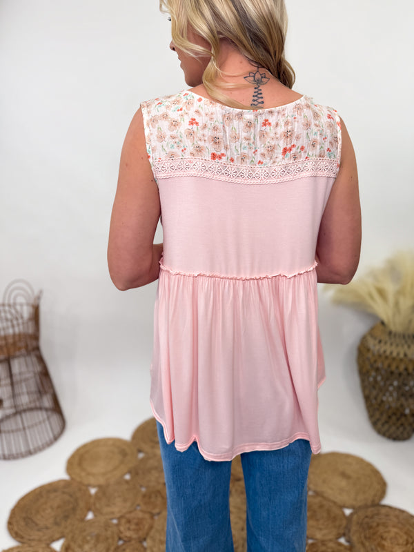 Soft pink V-neck tank top with floral lace trim, sleeveless A-line jersey tank by POL for spring and summer.