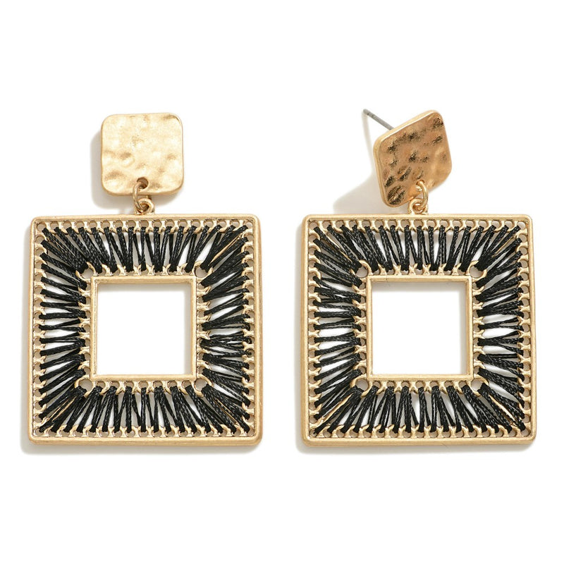 Hammered Gold Square and Black Thread Earrings