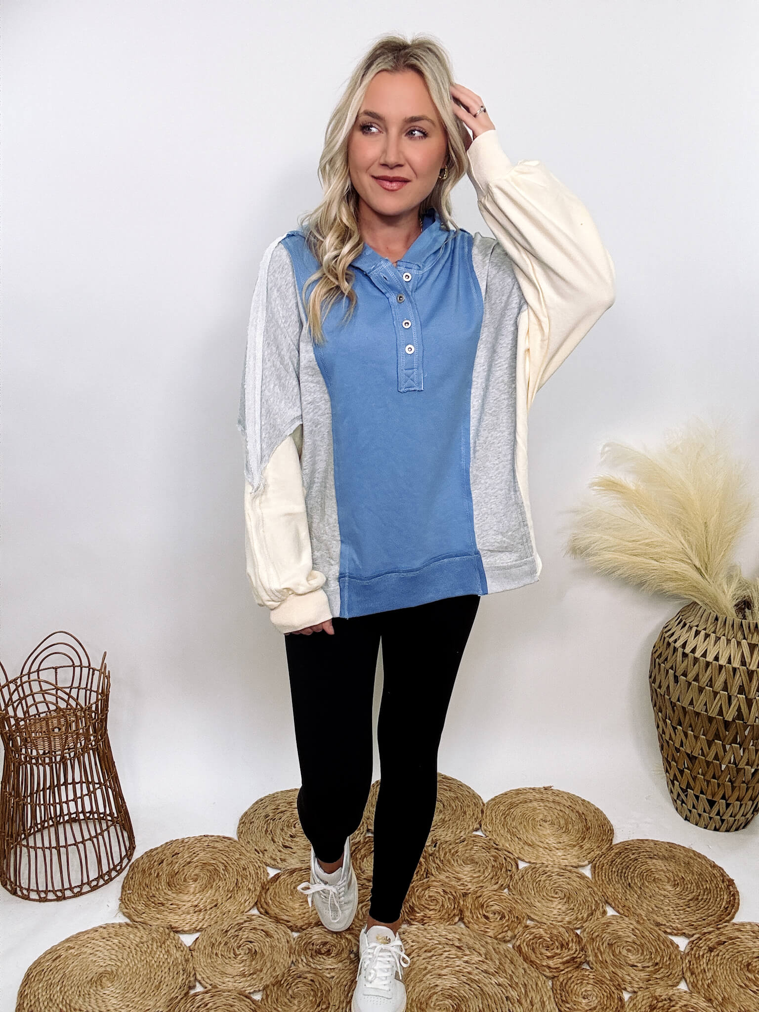 Half white half blue hoodie sale