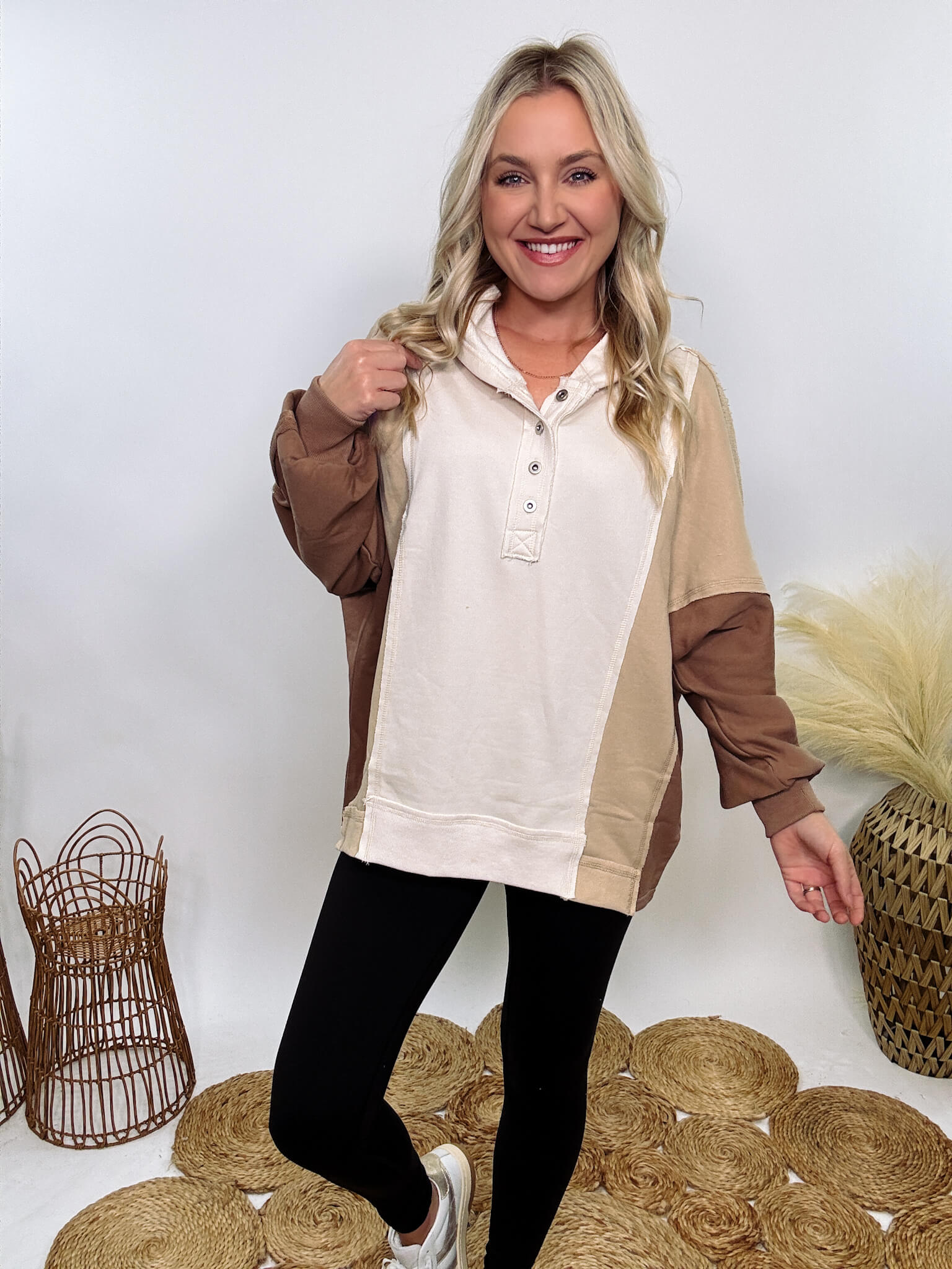 Brown Tan Cream Oversized Henley Colorblock Hoodie Trendy Comfortable Bmaes Boutique