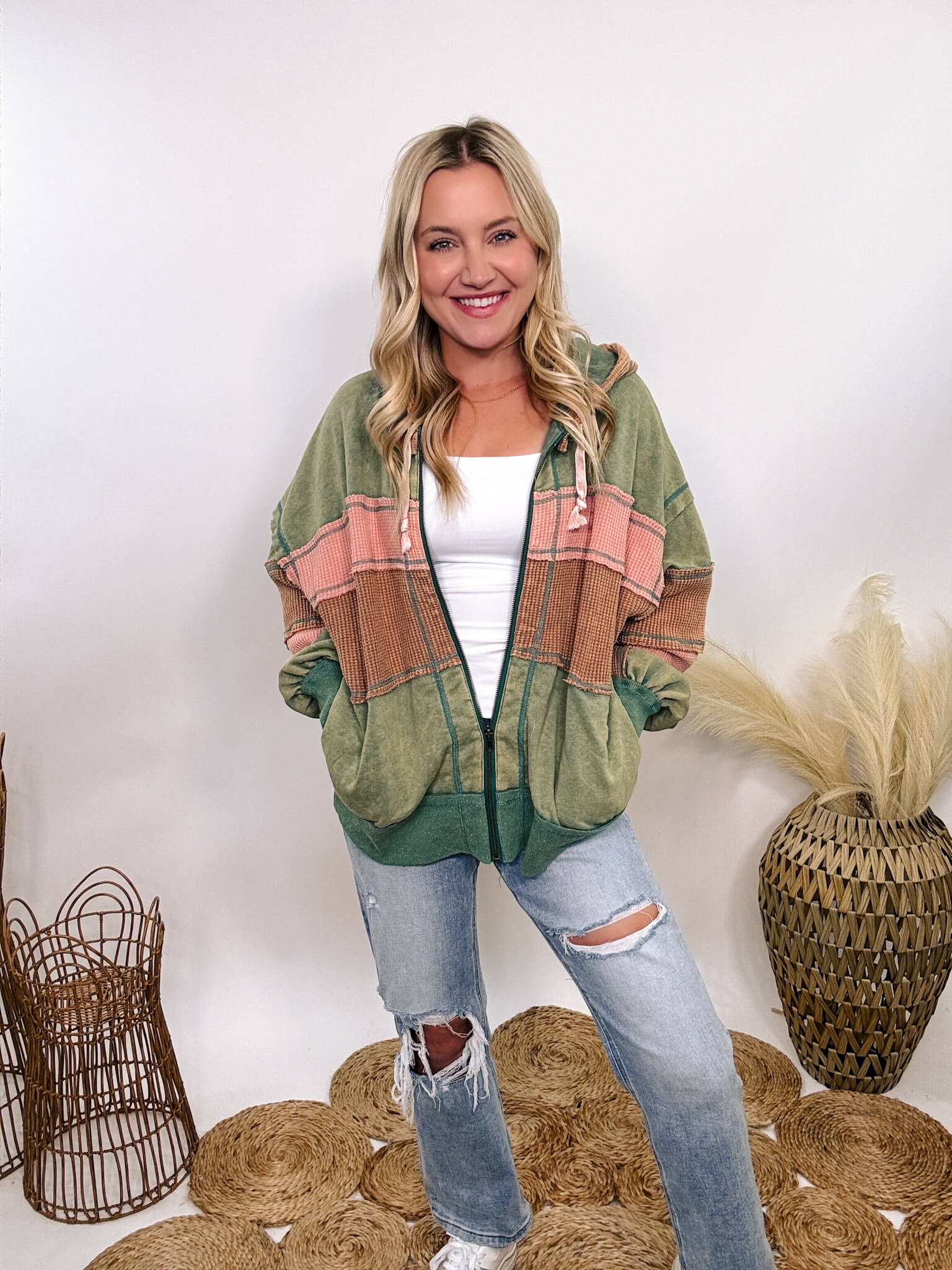 Green Pink Camel Colorblock Zip Up Hoodie by OLI Hali Bmaes Boutique XL
