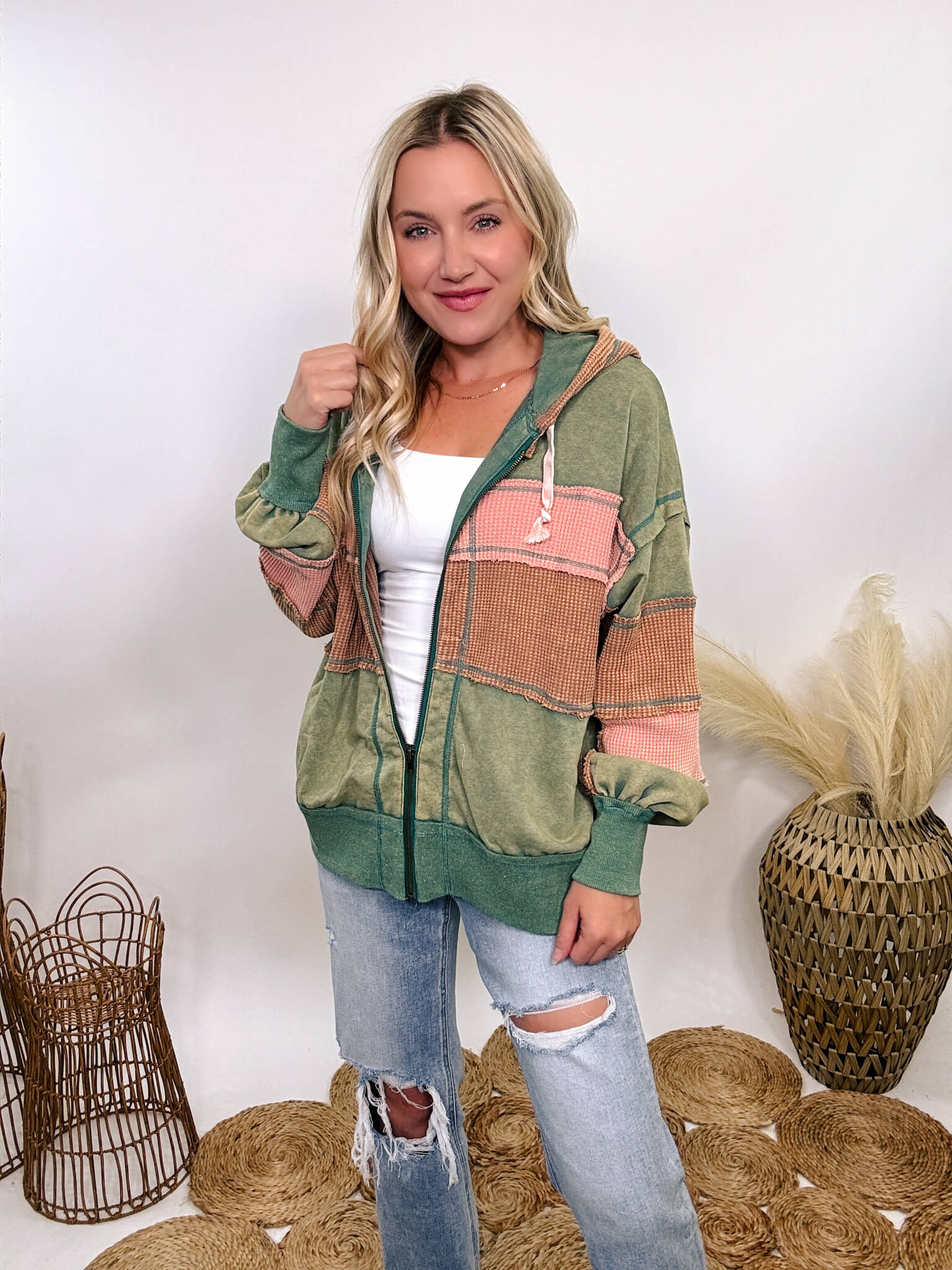 Green Pink Camel Colorblock Zip Up Hoodie by OLI Hali Bmaes Boutique XL