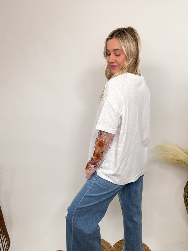 PRE-ORDER (Shipping ETA 6.4.26) White Oversized Tee with Layered Sheer Embroidered Floral Lace Mesh Sleeves
