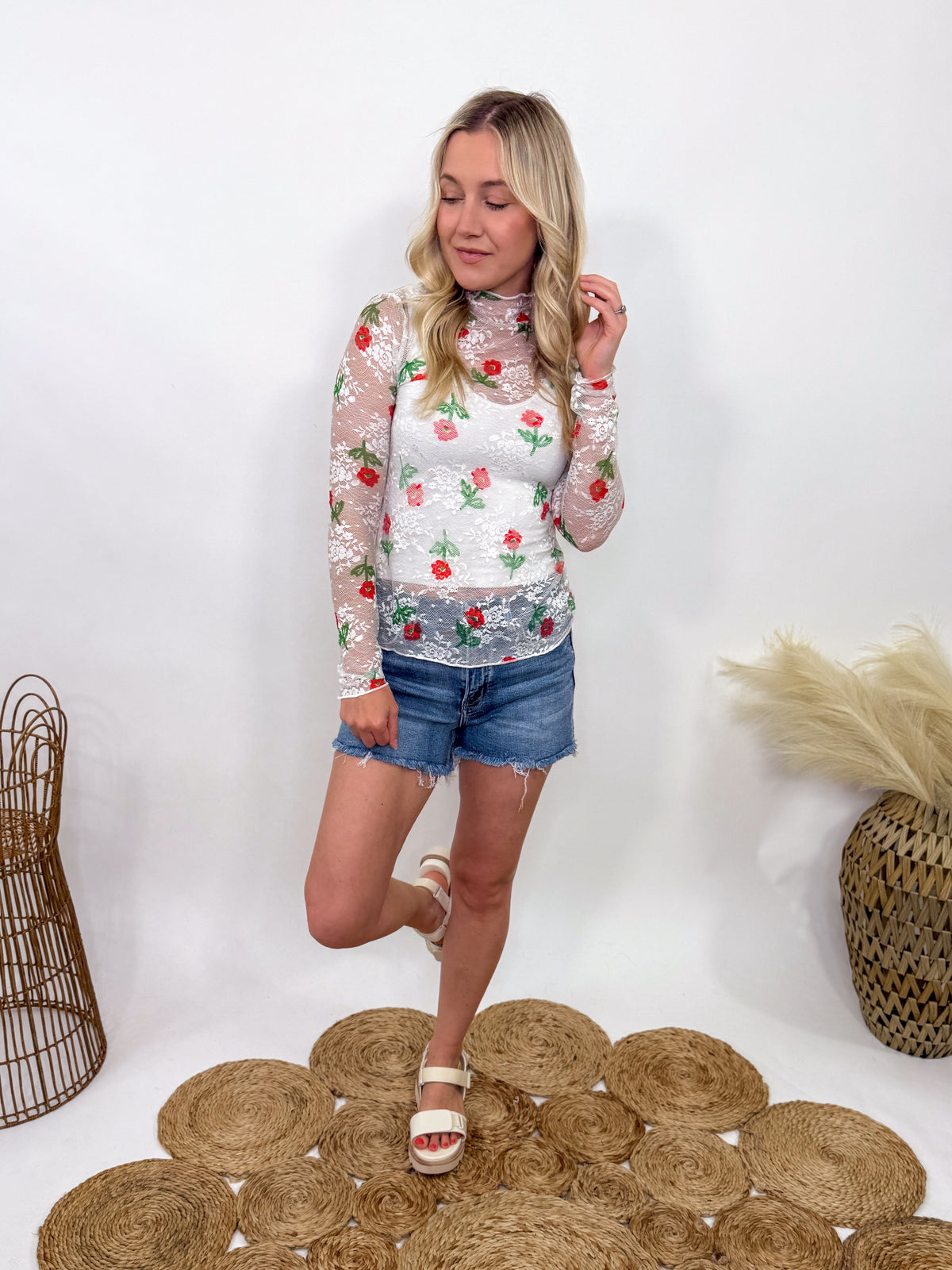 UMGEE USA White Sheer Floral Mesh Top | Embroidered & Ruffle Neck Bmaes Boutique UMGEE USA White Sheer Floral Mesh Top | Embroidered & Ruffle Neck Bmaes Boutique