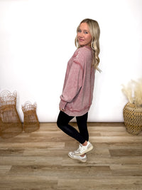 winter rose acid washed oversized cotton pullover with exposed seam details