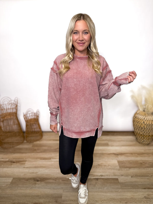 winter rose acid washed oversized cotton pullover with exposed seam details